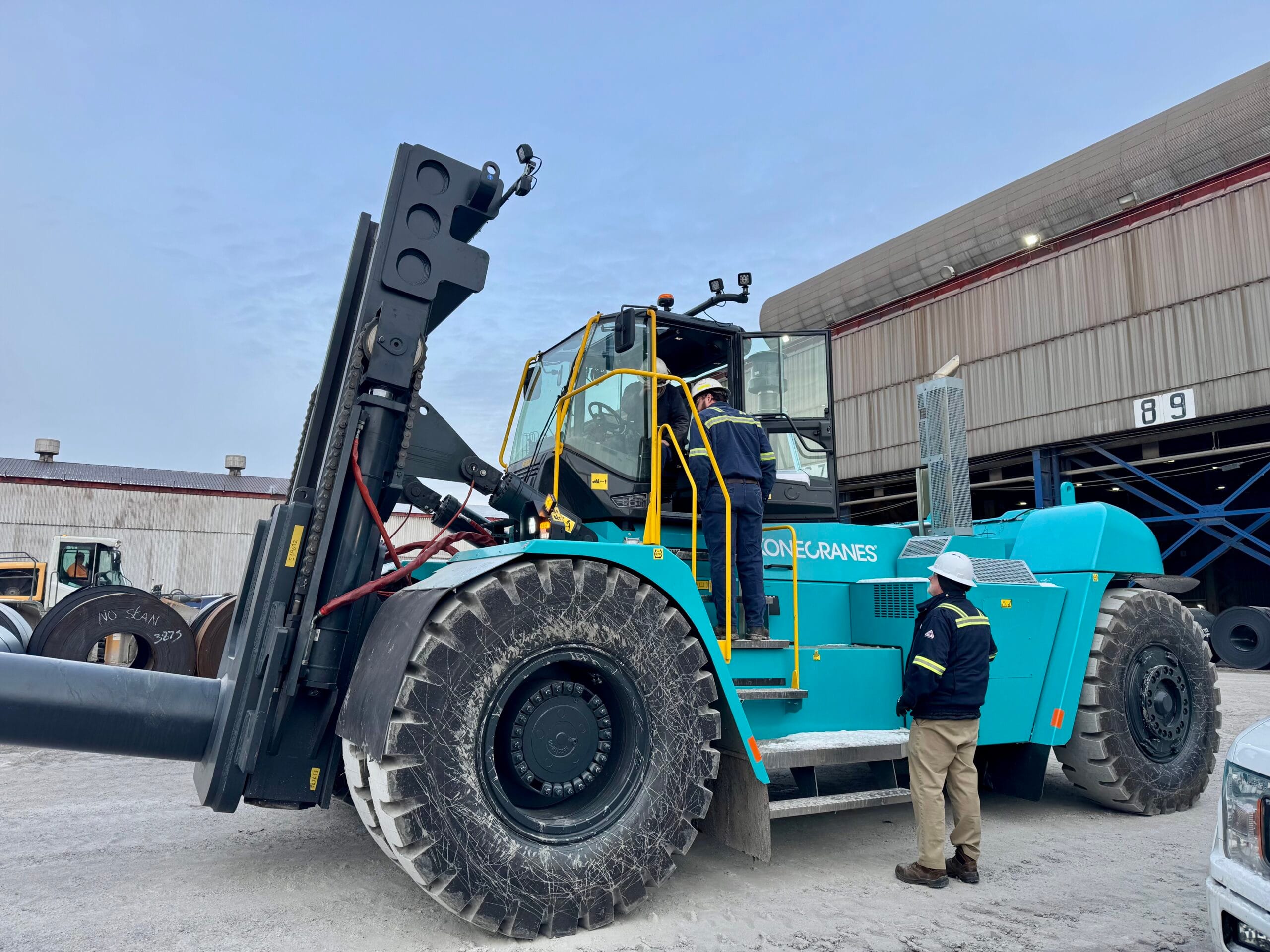 Konecranes heavy-duty forklift lift truck with coil ram attachment for steel mill application